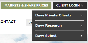 Client login dropdown menu; Davy Private Clients, Davy Research, Davy Select.